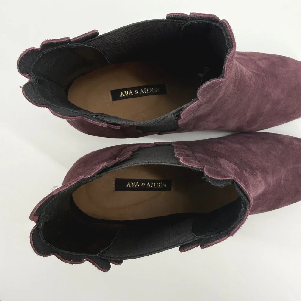 Ava & Aiden Burgundy Suede Scalloped Trim Block Heel Ankle Boots Size 38 Spain